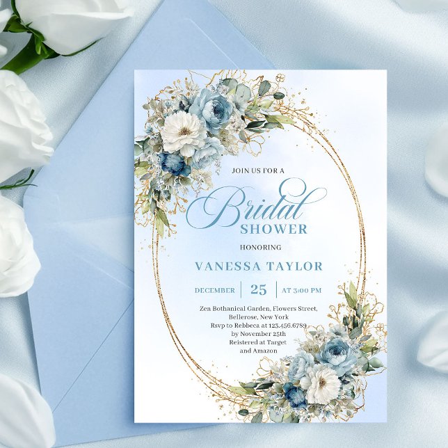 Convites Chá de Bebê Boho Soft Blue Floral Verde Casamento (Soft Dusty Blue Floral Greenery Bridal Shower Invitation)