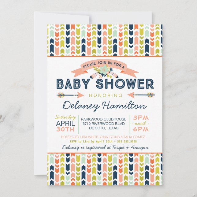 Convites Chá de Bebê Boho Tribal Floral e Flechas (Frente)