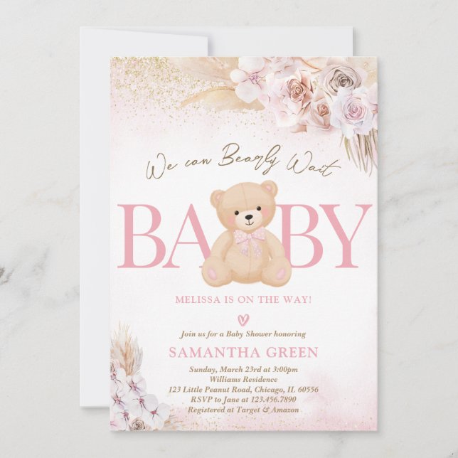 Convites Chá de Bebê Boho Ursa Menina Rosa (Frente)
