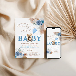 Convites Chá de Bebê Boho Urso Azul Caprichoso