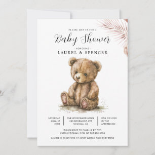 Convites Chá de Bebê Boho Urso de Pelúcia