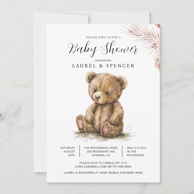 Convites Chá de Bebê Boho Urso de Pelúcia (Frente)