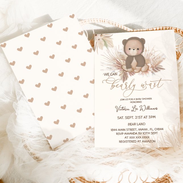Convites Chá de Bebê Boho Urso de Pelúcia Marrom Pampas (Criador carregado)