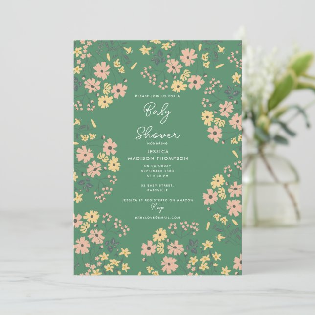 Convites Chá de Bebê Boho Verde Floral Neutro em Gênero (Em pé/Frente)