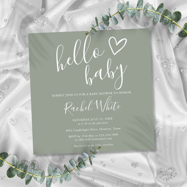 Convites Chá de Bebê Boho Verde Oliva Neutro em Gênero (Gender Neutral Boho Sage Green Hello Baby Shower Invitation)