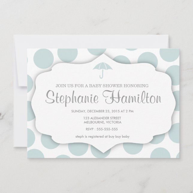 Convites chá de bebê bolinhas guarda-chuva azul (Frente)