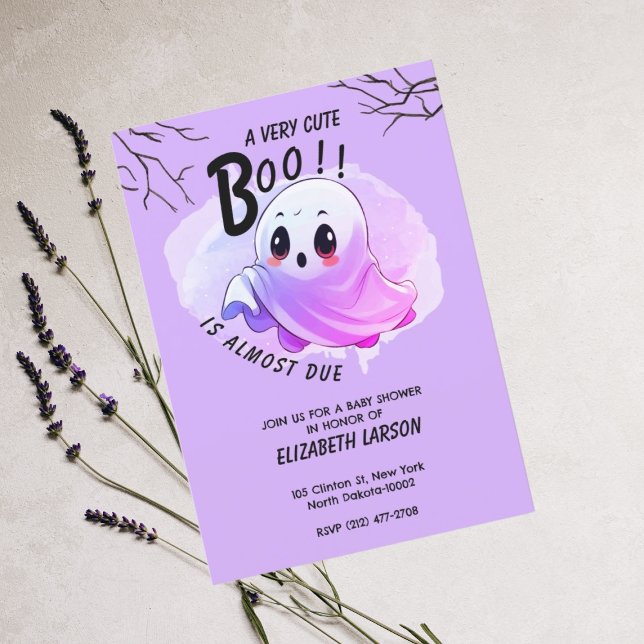 Convites Chá de Bebê Boo Halloween Roxo Tema Festa Fofo (Criador carregado)