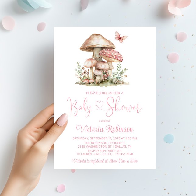Convites Chá de Bebê Borboleta de Cogumelo Rosa Caprichoso (Girl mushroom and butterfly baby shower invitation. Simply add your event details. )