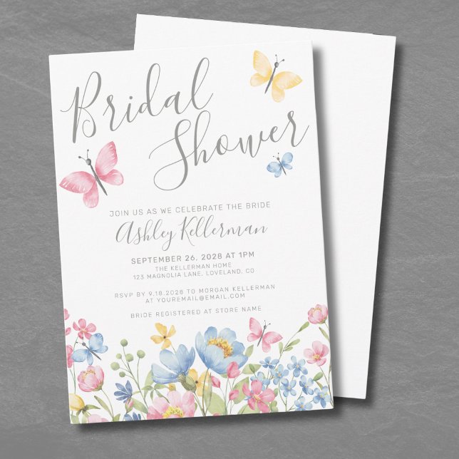 Convites Chá de Bebê Borboleta Flor Silvestre (Watercolor Wildflower Butterfly Bridal Shower Invitation)