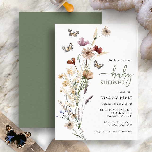 Convites Chá de Bebê Borboleta Flor Silvestre Salvia (Boho Wildflower Butterfly Sage Green Baby Shower Invitation )