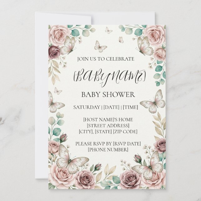 Convites Chá de Bebê Borboleta Floral Personalizado (Frente)
