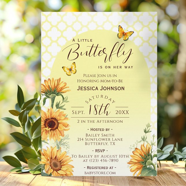 Convites Chá de Bebê Borboleta Girassol (Sunflower Yellow A Little Butterfly Baby Shower Invitation)