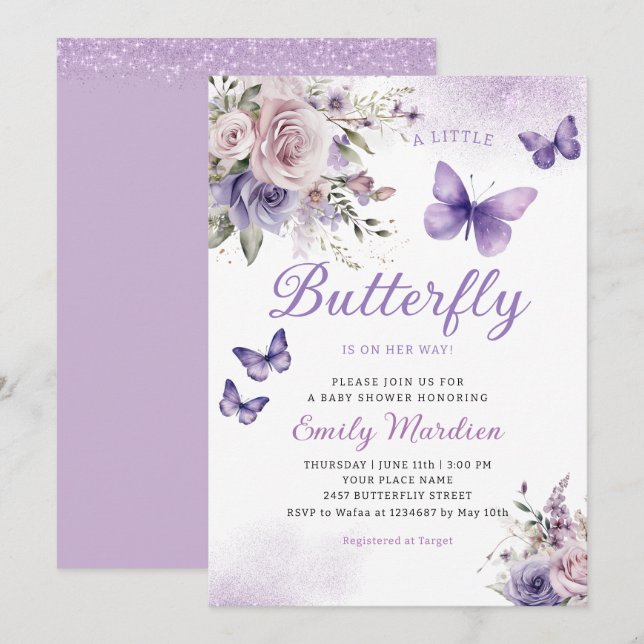 Convites Chá de Bebê Borboleta Menina Floral Aquarela Boho (Frente/Verso)