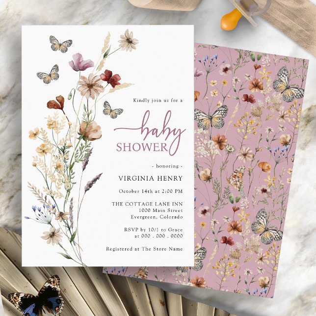 Convites Chá de Bebê Borboleta Rosa (Pink Boho Wildflower Butterfly Baby Shower Invitation by Painted Paperie)