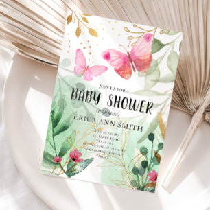 Convites Chá de Bebê Borboleta Rosa Dourado Folhagens