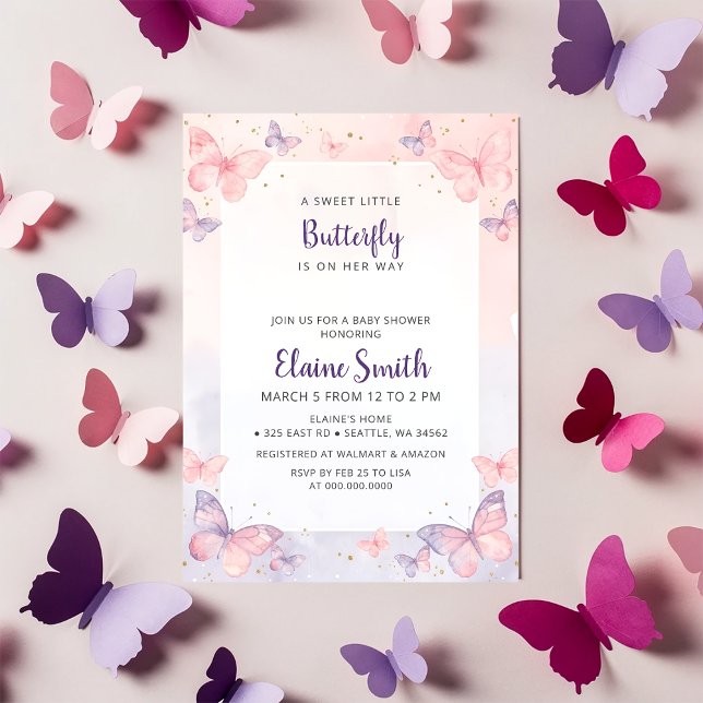Convites Chá de Bebê Borboleta Rosa Roxo (Pink Purple Butterfly Baby Shower Invitation)