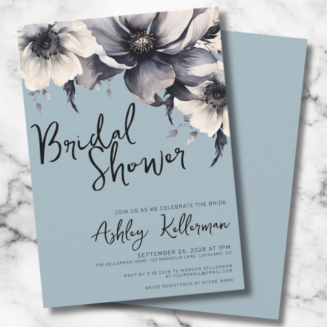Convites Chá de Bebê Botânico Azul Empoeirado (Cute Elegant Floral Light Blue Bridal Shower Party Invitation)