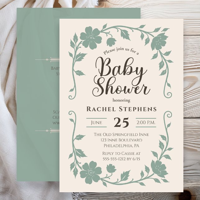 Convites Chá de Bebê Botânico Elegante Neutro Sage (Elegant botanical baby shower invitation with sage green floral frame on neutral background )
