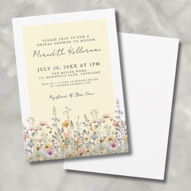 Convites Chá de Bebê Botânico Floral Amarelo de Flores Silv (Botanical Wildflower Yellow Floral Bridal Shower Invitation )