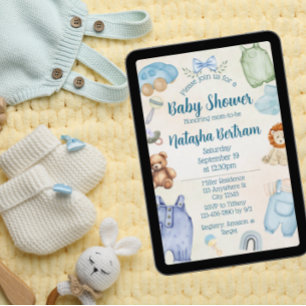 Convites Chá de Bebê Brinquedos e Roupas em Aquarela Azul