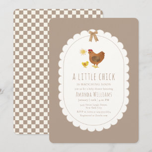 Convites Chá de Bebê Brown Gingham Cottagecore Frango Galin