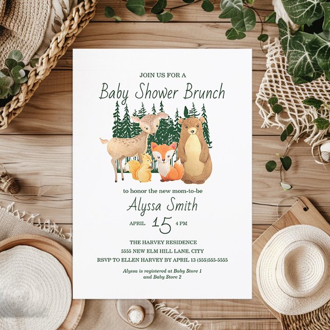 Convites Chá de Bebê Brunch Amigos da Floresta de Madeira F (Woodland Animal baby shower invitation)