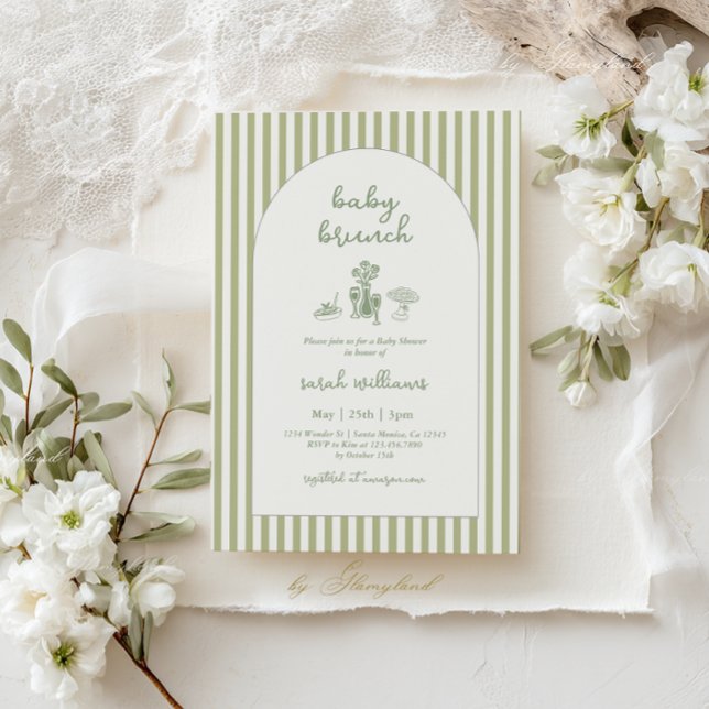Convites Chá de Bebê Brunch Bebê Faixa Verde Salvia (Criador carregado)