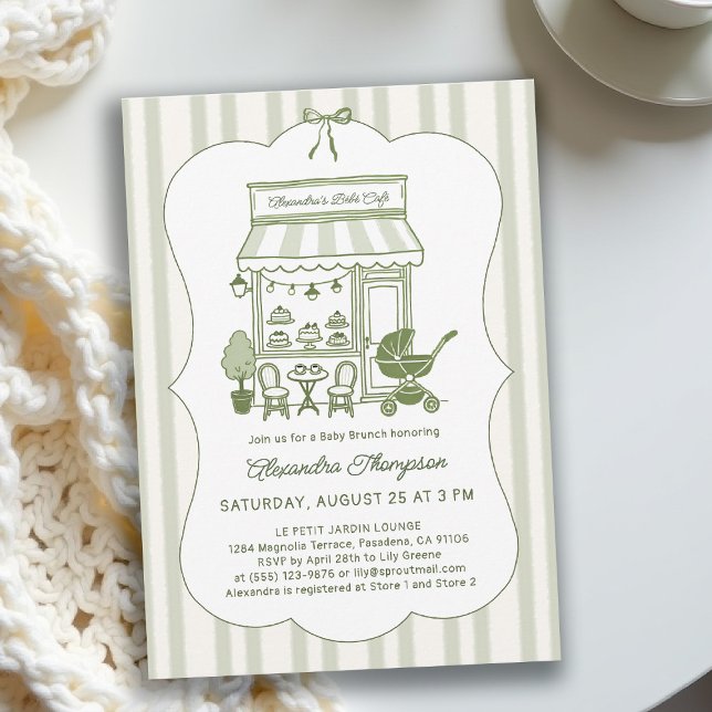 Convites Chá de Bebê Brunch Café Bebe Brewing Neutro (baby shower brunch invitation coffee theme brewing olive green bistro hand drawn modern chic stripes)