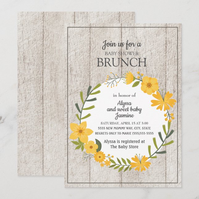 Convites Chá de Bebê Brunch Floral Amarelo de Madeira Rústi (Frente/Verso)