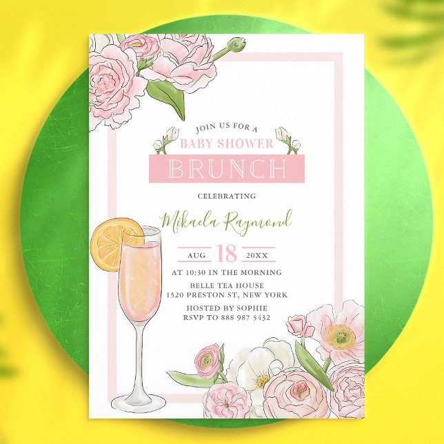 Convites Chá de Bebê Brunch Floral Rosa & Espumante (Criador carregado)