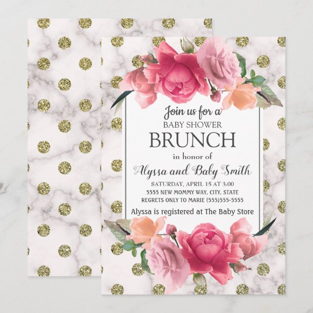 Convites Chá de Bebê Brunch Floral Rosa Mármore Dourado Bra (Frente/Verso)