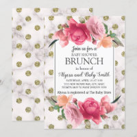 Chá de Bebê Brunch Floral Rosa Mármore Dourado Bra