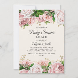 Convites Chá de Bebê Brunch Rosa Bege Dourado Floral