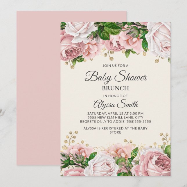 Convites Chá de Bebê Brunch Rosa Bege Dourado Floral (Frente/Verso)