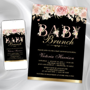 Convites Chá de Bebê Brunch Rosa Preto Dourado Floral Menin