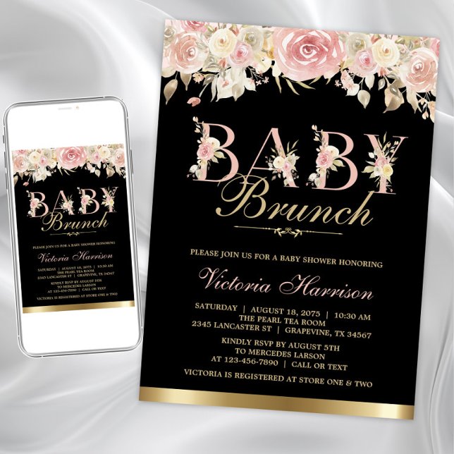 Convites Chá de Bebê Brunch Rosa Preto Dourado Floral Menin (Baby brunch baby shower invitation. Instant download and printed invitations available.)
