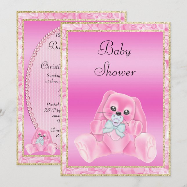 Convites Chá de Bebê Bunny com Orelhas Caídas Rosa Fofo (Frente/Verso)