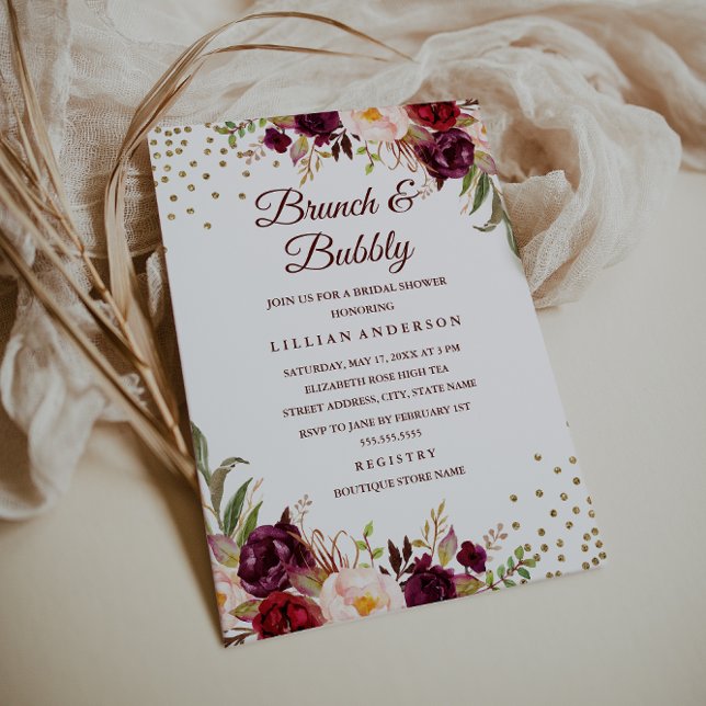 Convites Chá de Bebê Burgundy Floral Confetti Brunch e Espu (Criador carregado)
