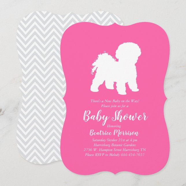 Convites Chá de Bebê Cachorrinho Bichon Frise Menina Rosa (Frente/Verso)