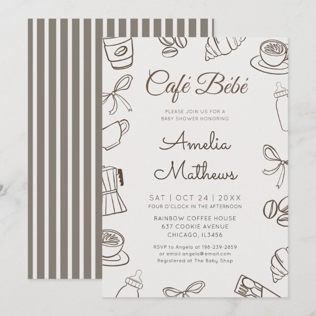 Convites Chá de Bebê Café Bebe Whimsical Coffee & Laço  (Frente/Verso)
