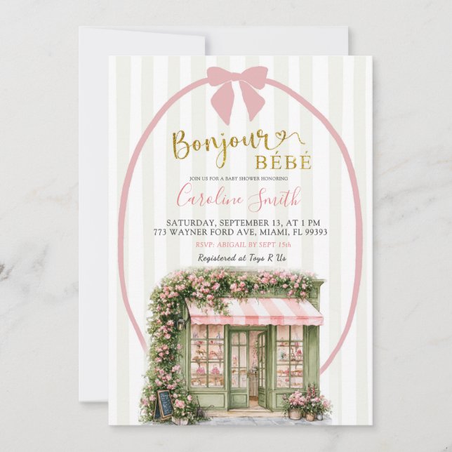 Convites Chá de Bebê Café Parisiense com Listra Rosa Sálvia (Frente)