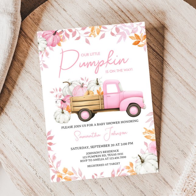 Convites Chá de Bebê Caminhãozinho Rosa Pequena Abóbora Out (Pink Little Pumpkin Truck Fall Baby Shower Invitation)