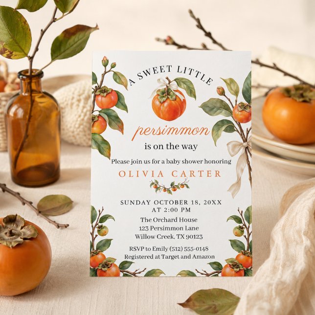 Convites Chá de Bebê Caqui Docezinho de Outono (Watercolor LIttle persimmon Fall baby shower invitation)