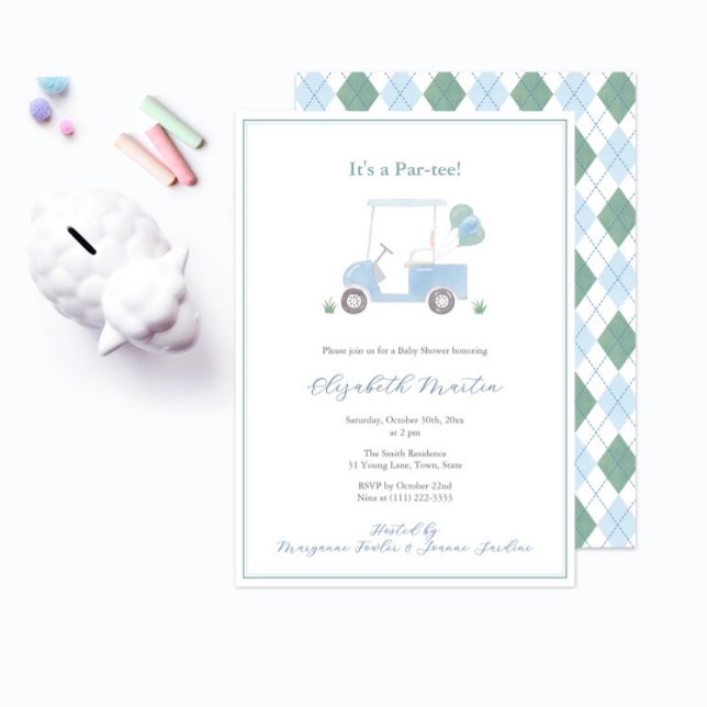 Convites Chá de Bebê Carrinho de Golfe Verde Azul (it's a golf theme baby shower par-tee with pale blue golf cart and blue green diamond argyle pattern)