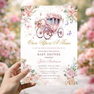 Convites Chá de Bebê Carruagem de Princesa Rosa Floral