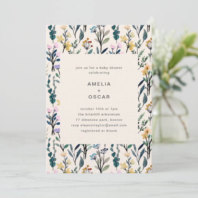 Convites Chá de Bebê Casais Flor de Campo Aquarela Boho (Em pé/Frente)