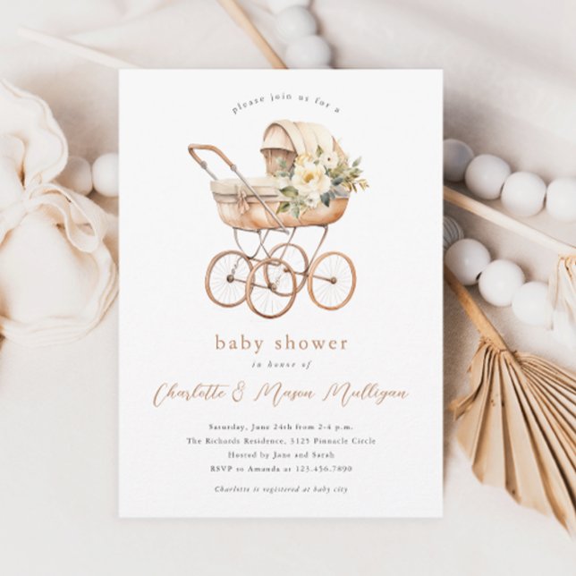 Convites Chá de Bebê Casal Carruagem de Bebê Antiga Neutro (Vintage baby carriage gender neutral floral boho couples baby shower invitations.)