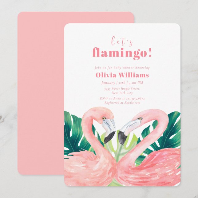 Convites Chá de Bebê Casal Tropical Aquarela Flamingo (Frente/Verso)