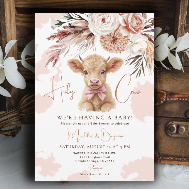 Convites Chá de Bebê Caubói Country Laço Rosa Vaca (cow baby shower theme invitation pink bow rustic highland cute calf hide watercolor rose cowboy barn)
