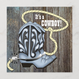 Convites Chá de Bebê Caubói de Madeira Celeiro Azul Preto